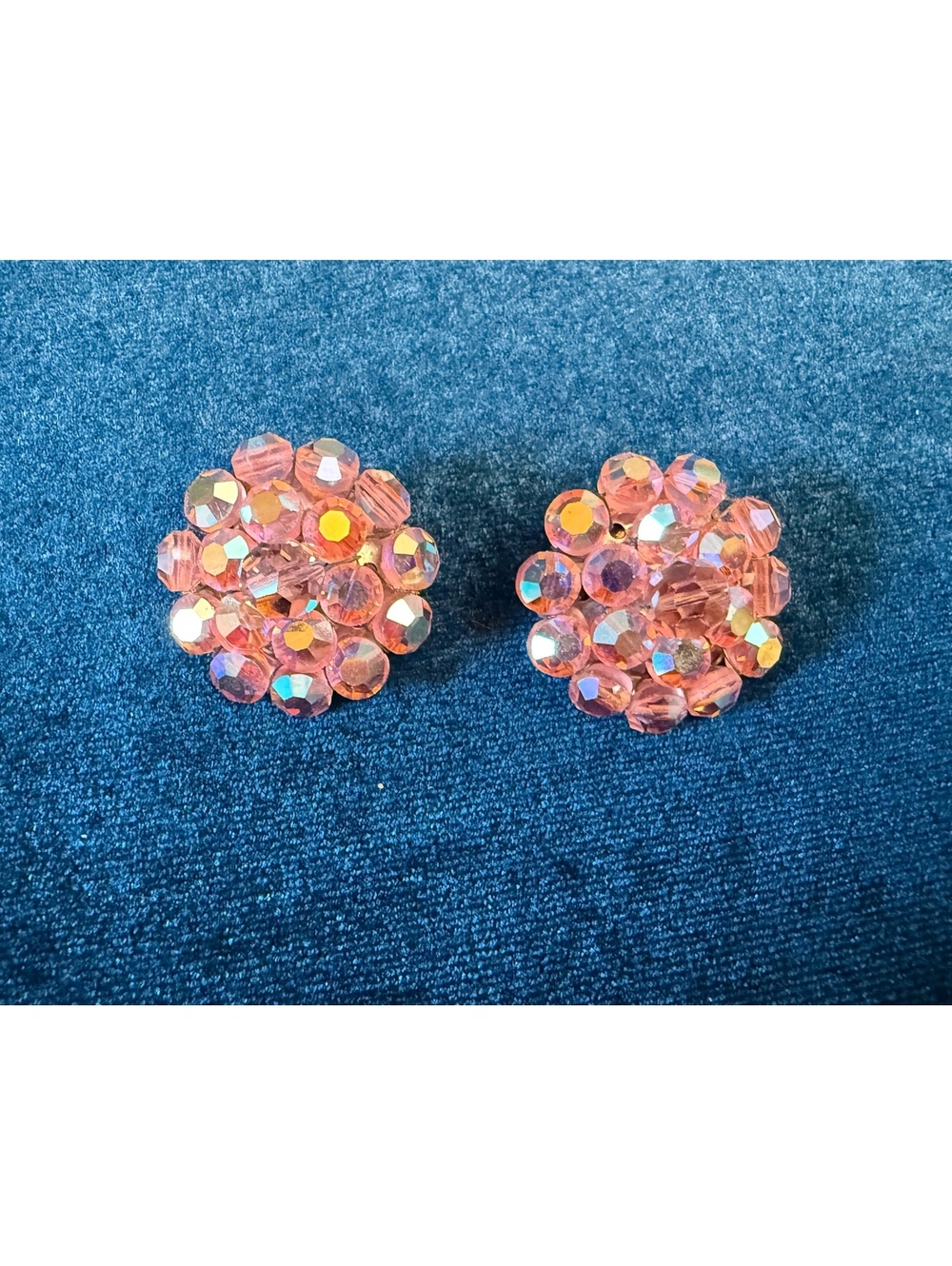 Vintage Pink AB Glass Bead Cluster Clip On Earrings Mid Century